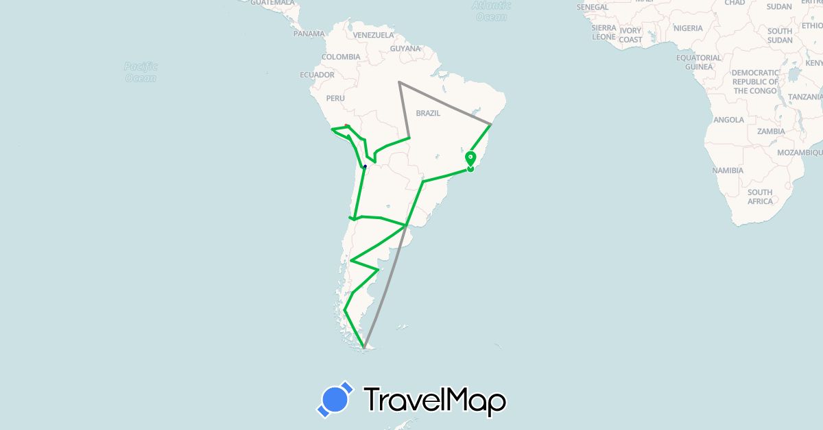 TravelMap itinerary: driving, bus, plane, hiking in Argentina, Bolivia, Brazil, Chile, Peru (South America)
