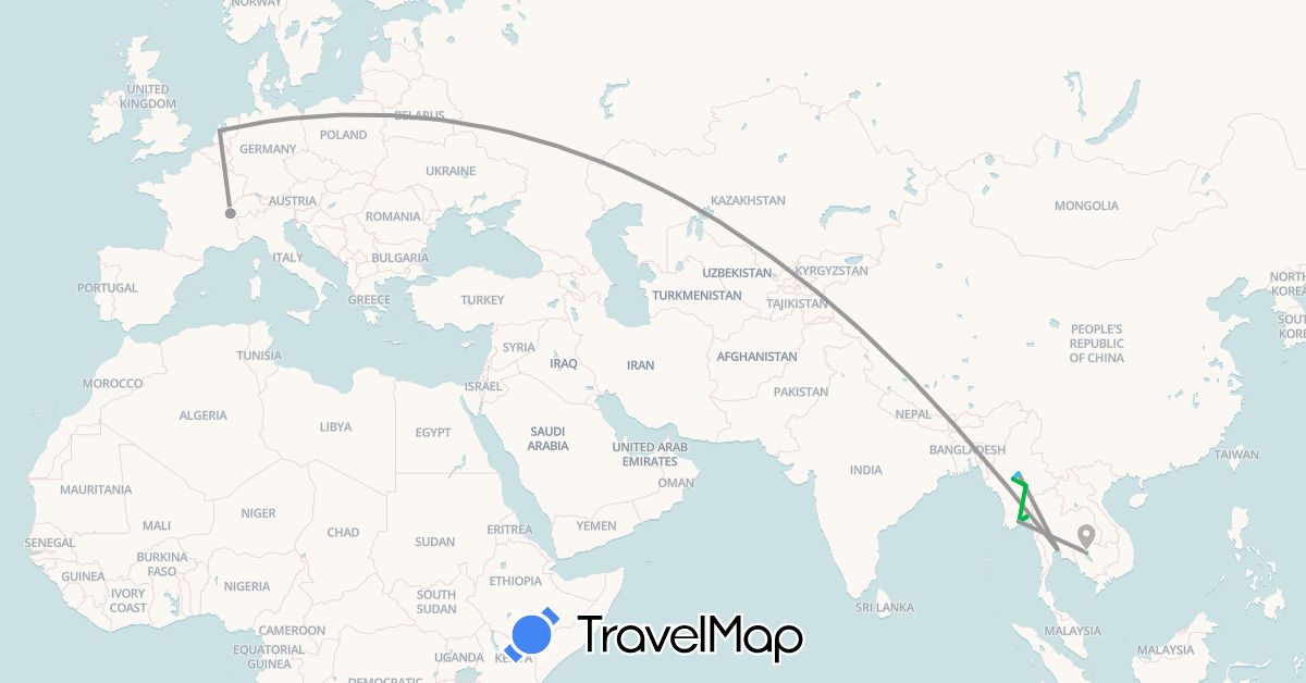 TravelMap itinerary: driving, bus, plane, boat in Switzerland, Cambodia, Myanmar (Burma), Netherlands, Thailand (Asia, Europe)